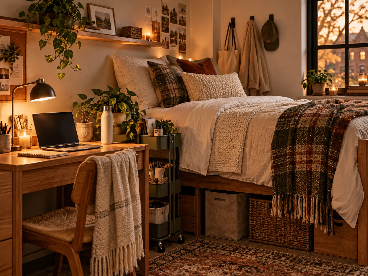 A cozy dorm room with a lamp-lit desk and laptop, a rolling cart, under-bed storage baskets and a plaid throw on the bed