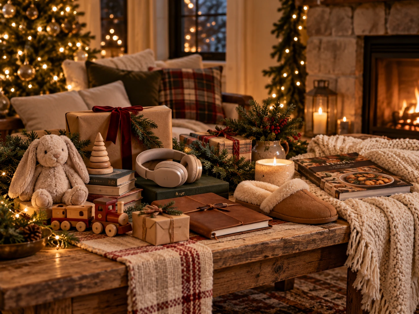 Wrapped gifts, a plush bunny, a wooden train, headphones and slippers on a rustic table by a lit Christmas tree
