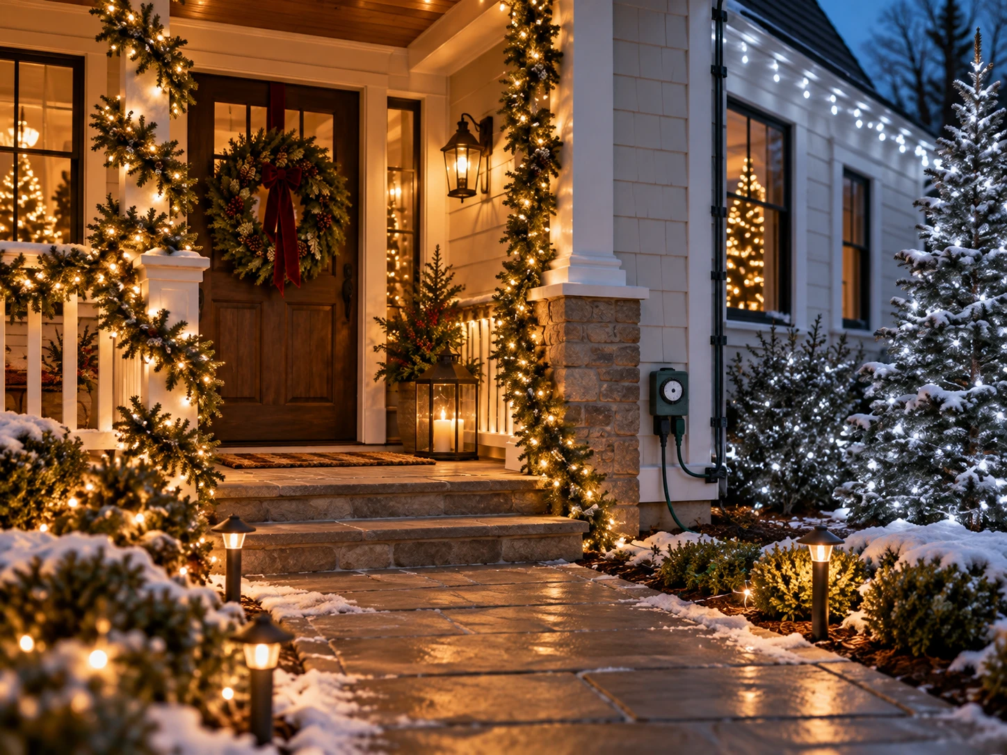 A house at dusk with warm white lights on garland-wrapped porch columns, cool white lights on snowy trees, pathway lights and an outdoor timer on the wall