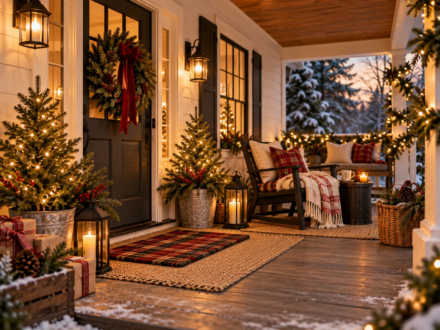 A front porch at dusk with a wreath and red bow, lit potted trees in galvanized buckets, lanterns, a plaid doormat and a cozy chair