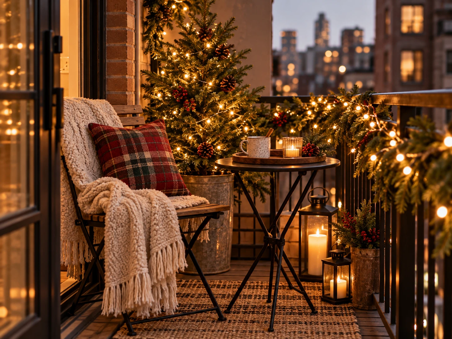 A small city balcony decorated for Christmas with a lit tree, garland on the railing, lanterns, a bistro table and a chair with a plaid pillow and knit throw