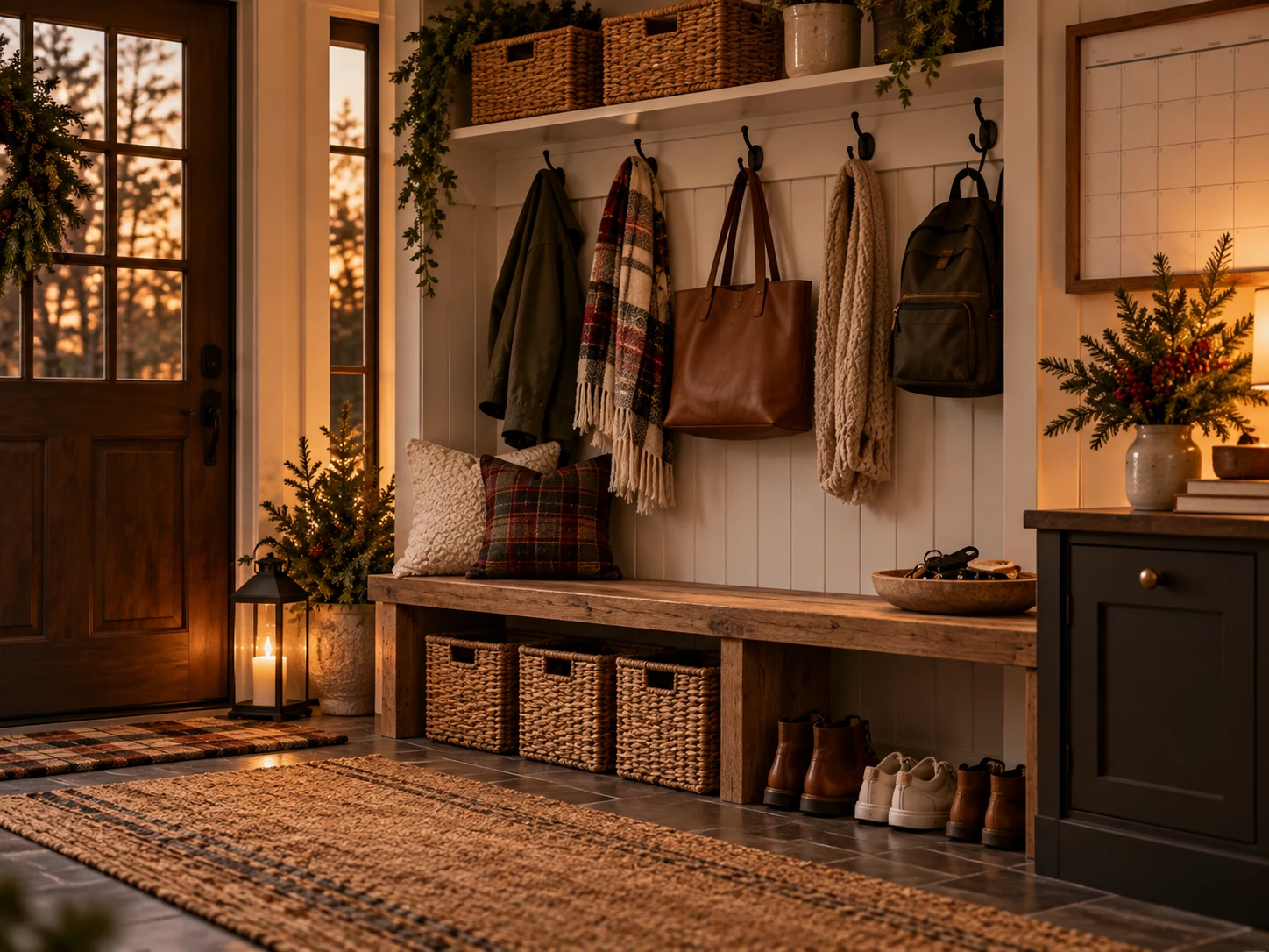 A warm entryway with a wooden bench, woven baskets, hooks with scarves and a bag, and a lantern by the door
