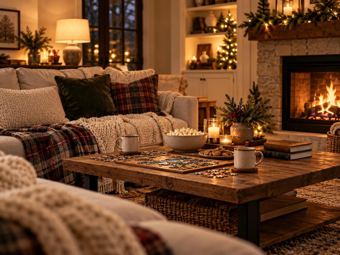 A cozy living room in the evening with a crackling fireplace, plaid and knit throws, and mugs on a wooden coffee table