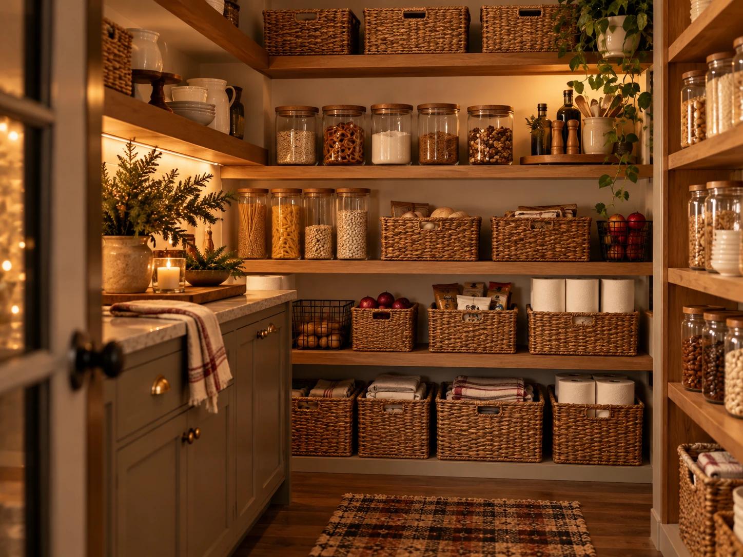 A warmly lit pantry with glass storage jars and woven baskets on wooden shelves