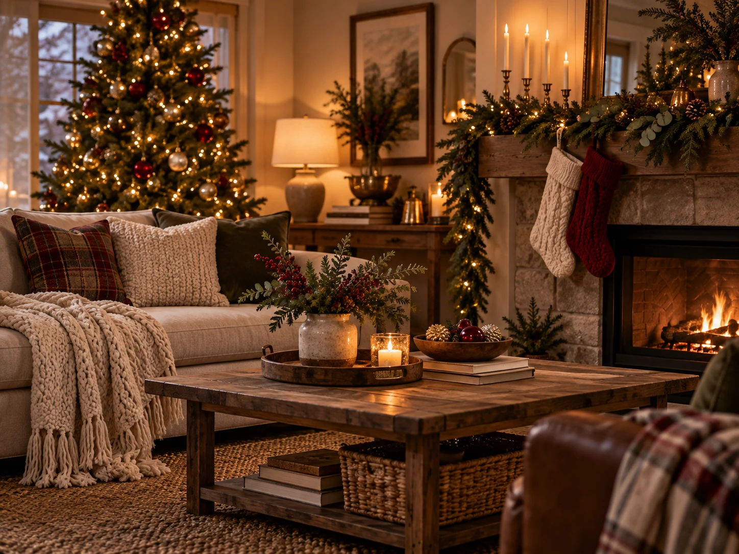 A living room decorated for Christmas with a lit tree, stockings on a garland-draped mantel, a crackling fire and a rustic coffee table