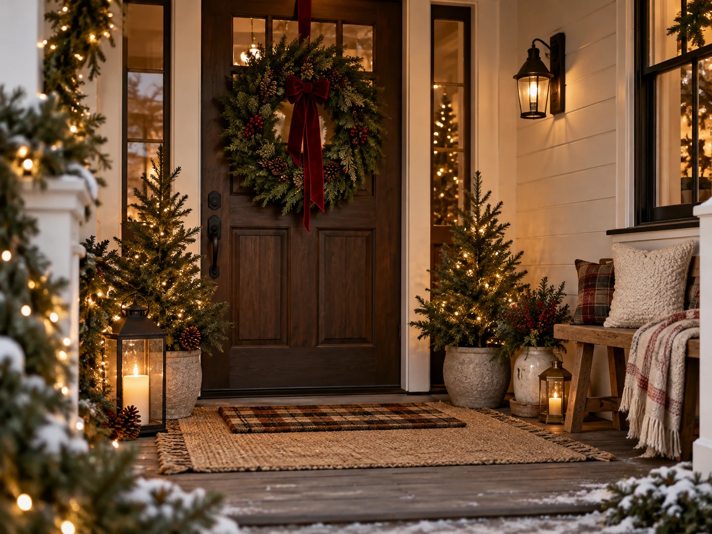 A front porch at dusk with a large wreath and velvet bow on a dark wood door, lit potted trees, lanterns and a plaid doormat